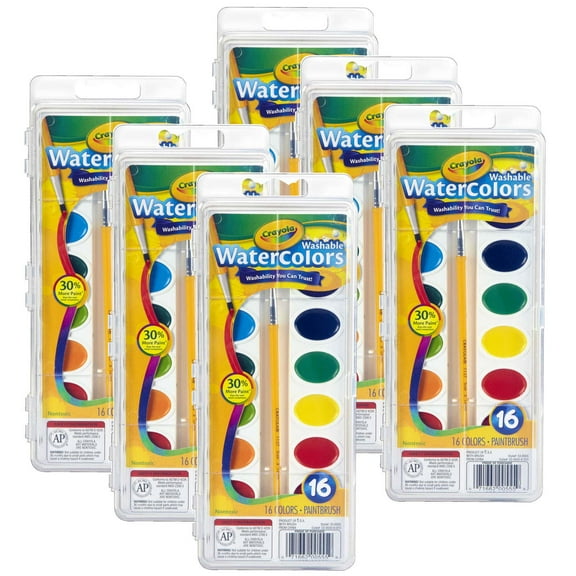 Crayola Washable Watercolors, 16 Semi-Moist Oval Pans & Brush, 6 Sets