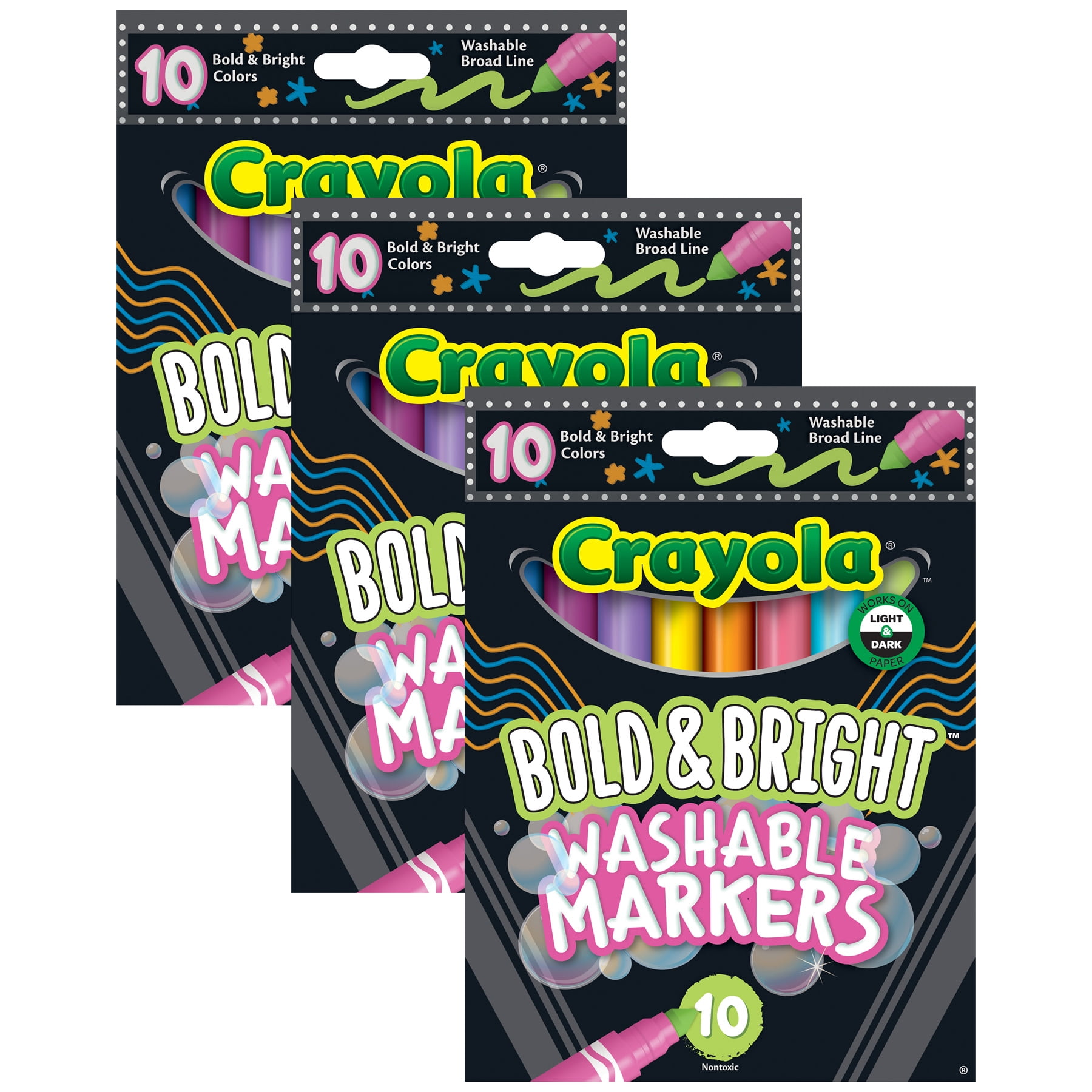 Crayola Bold & Bright Washable Broadline Markers, 10 Per Pack, 3 Packs