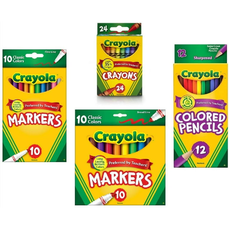 Crayola Crayons (24 Count), Crayola Colored Pencils in Assorted Colors (12 Count), Crayola (10ct) Classic Fine Line Markers, and Crayola (10ct)