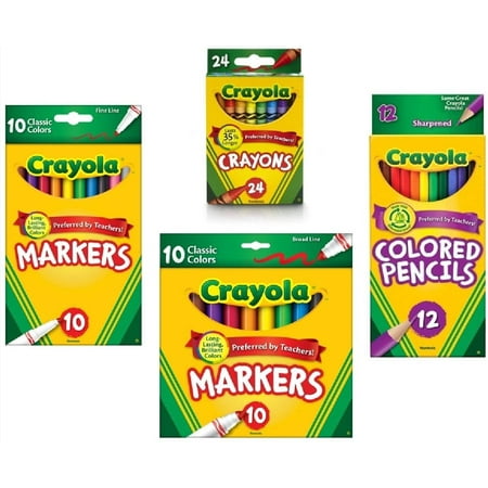 Crayola Crayons (24 Count), Crayola Colored Pencils in Assorted Colors (12 Count), Crayola (10ct) Classic Fine Line Markers, and Crayola (10ct) Classic Broad Line Markers