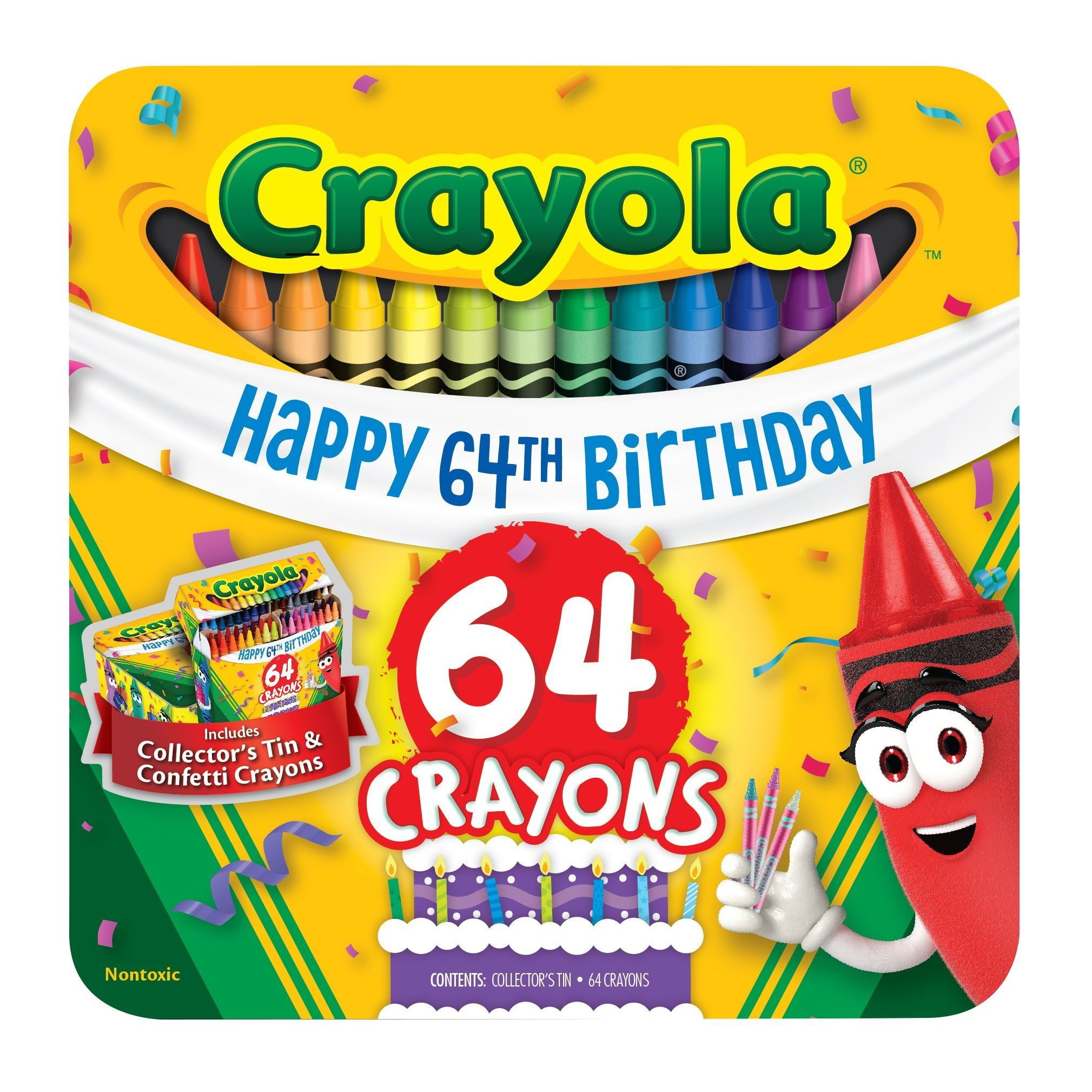 Crayola Crayons, 64 Count, 64th Birthday Tin, Assorted Colors, Gift for Kids