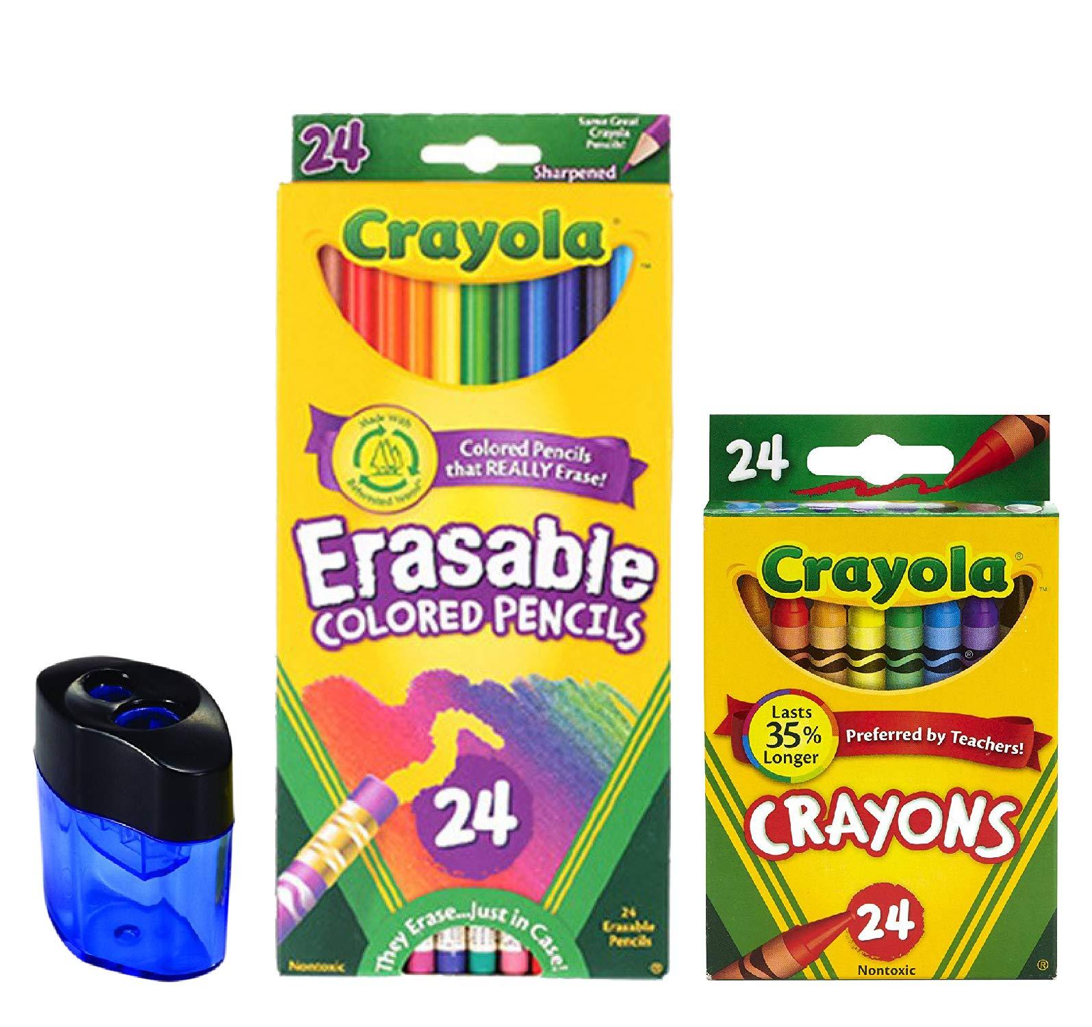 Crayola Erasable Colored Pencils, 24 Count, Pre-Sharpened, Fully Erasable| 24 Count Crayola Crayons | Crayon and Pencil Sharpener Bundle