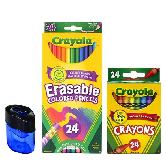 Crayola Erasable Colored Pencils, 24 Count, Pre-Sharpened, Fully Erasable 24 Count Crayola Crayons  Crayon and Pencil Sharpener
