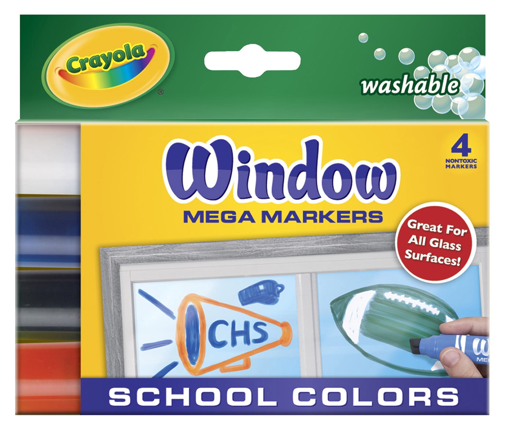 Crayola Mega Window Marker in School Colors with Stencils, 4 Count