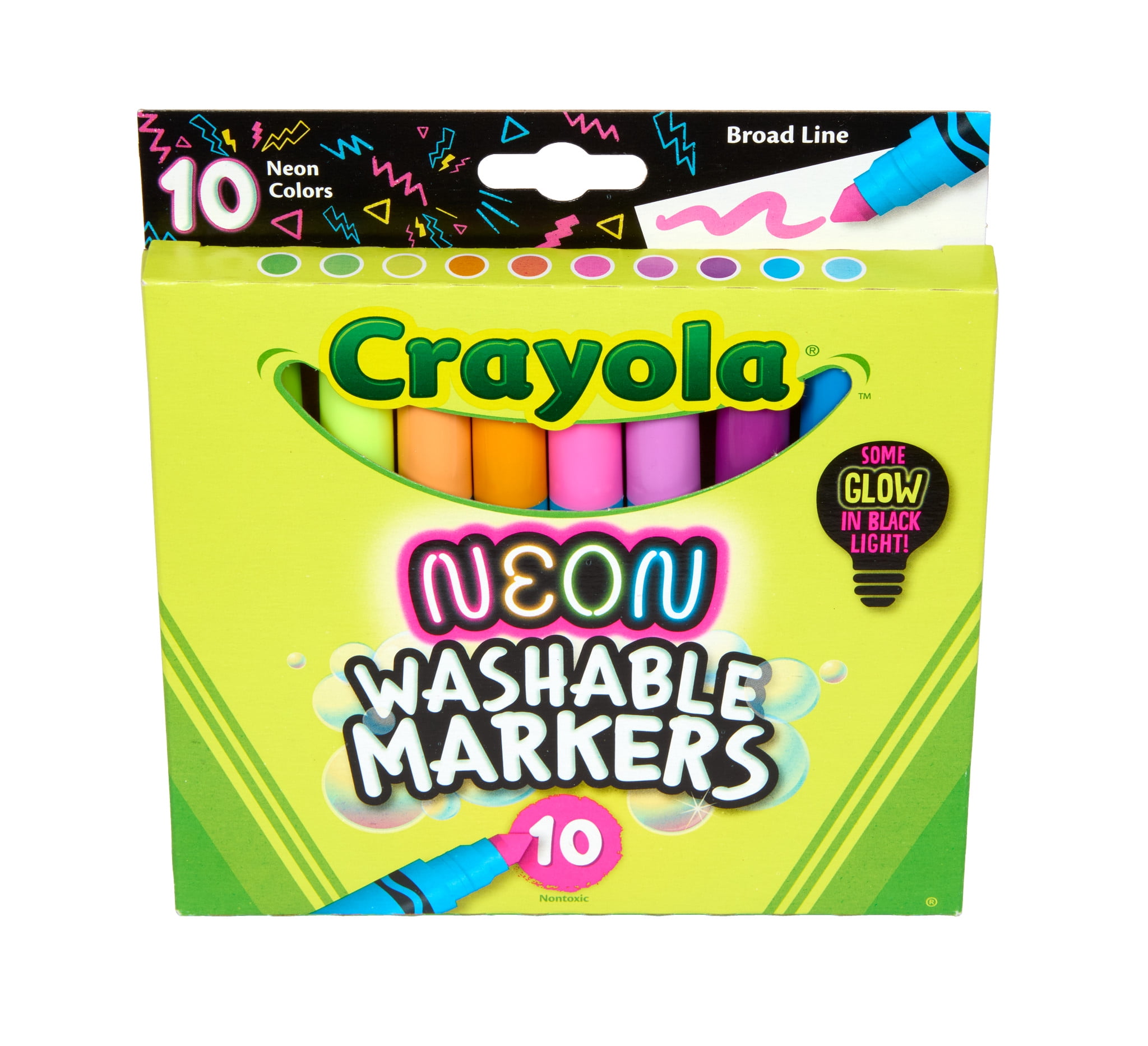 Crayola Neon Marker Set (10ct), Art Markers for Kids, 7 Glow in the Dark Marker Colors, Broad Line, Gift for Kids, Ages 3+