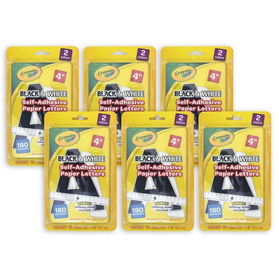Crayola Self-Adhesive Paper Letters, Black & White, 4", 180 Characters Per Pack, 6 Packs