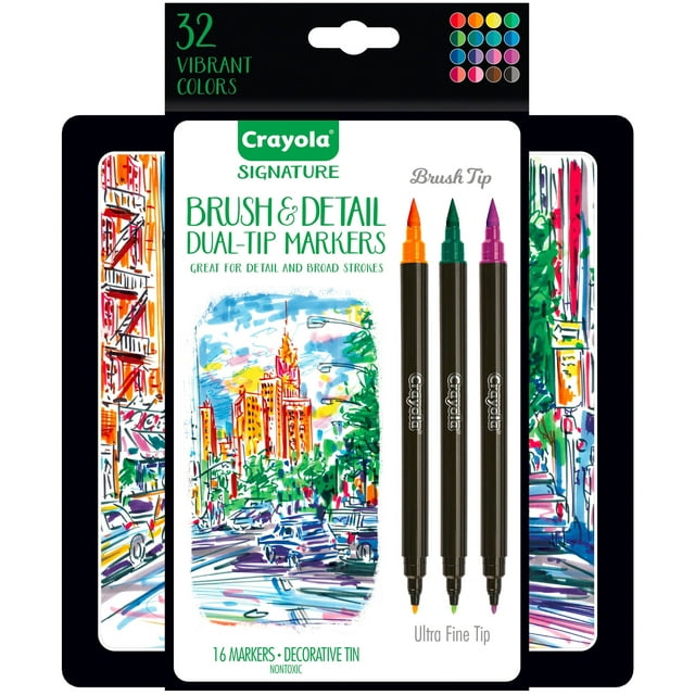 Crayola Signature Brush & Detail Dual-Tip Markers, 16 Ct, Art Supplies for Teens, Adult Coloring