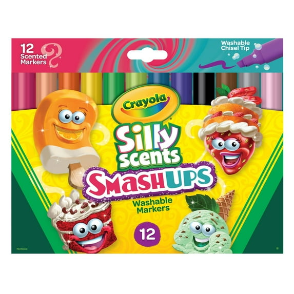 Crayola Silly Scents Smash Ups Markers, 12 Count, Scented Art Tools, Assorted Colors, Chisel Tip for Thick & Thin Lines
