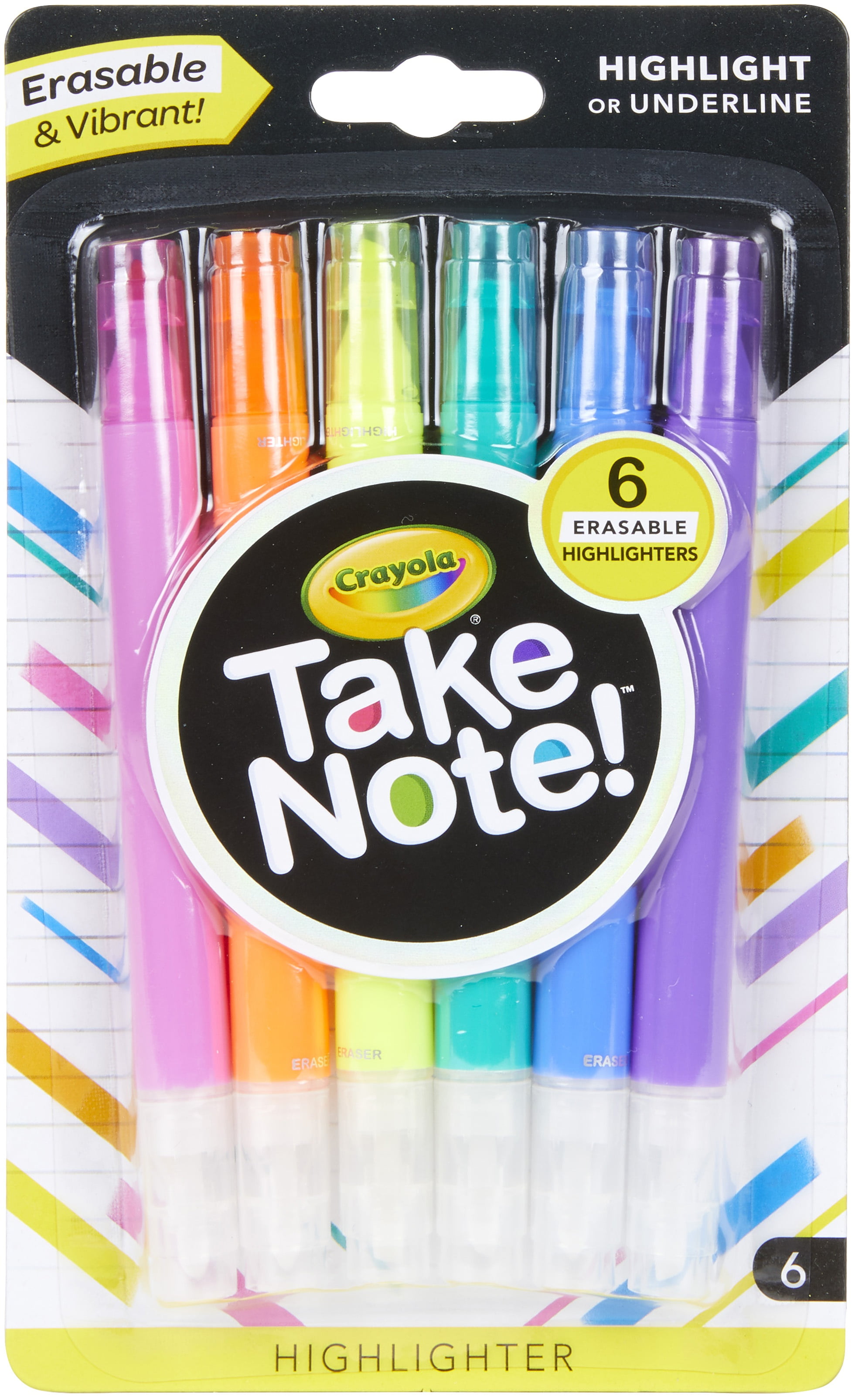 Crayola Take Note! Chisel Tip Erasable Highlighters, 6 Count, Ages 6+