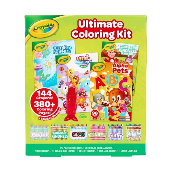 Crayola Ultimate Coloring Kit, 4 Coloring Books and 4 Boxes of 24 Ct Specialty Crayons Bundle, Cute Arts and Crafts, Creative Activities, Coloring Gifts for Kids, Ages 3 & Up