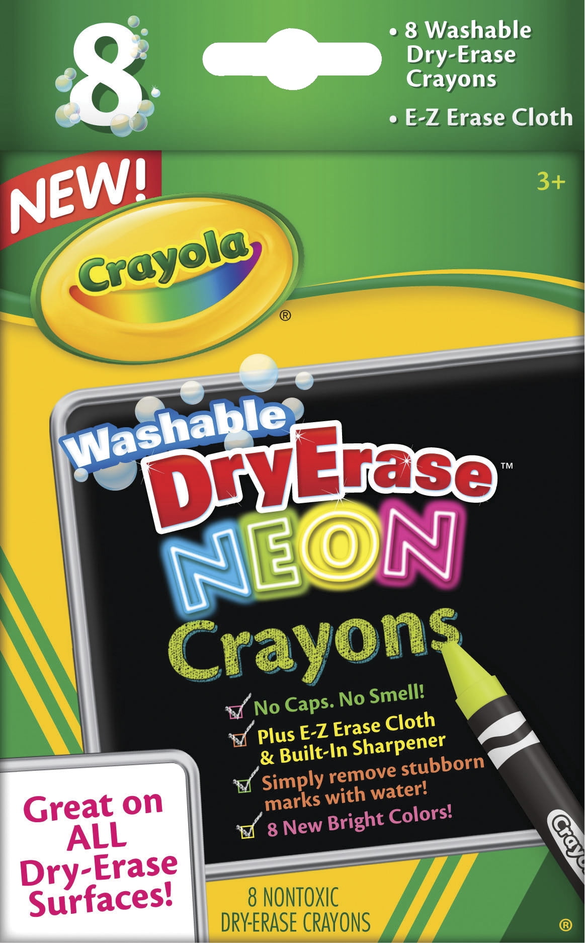 Crayola Washable DryErase Crayon Set, 8 Colors, Neon Assorted Colors