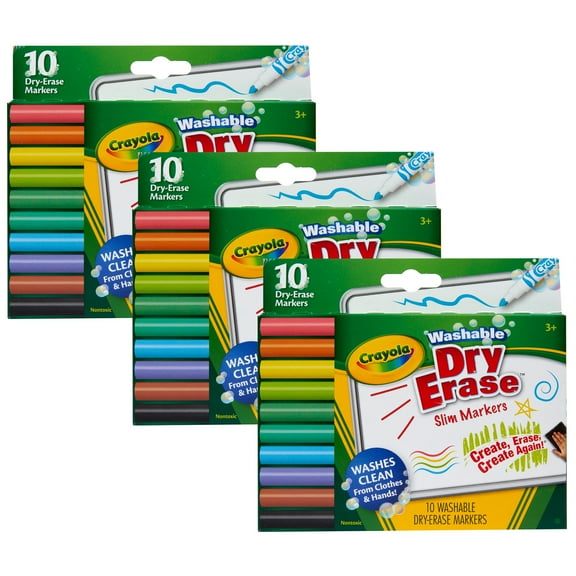 Crayola Washable Slim Dry Erase Markers, 10 Per Pack, 3 Packs