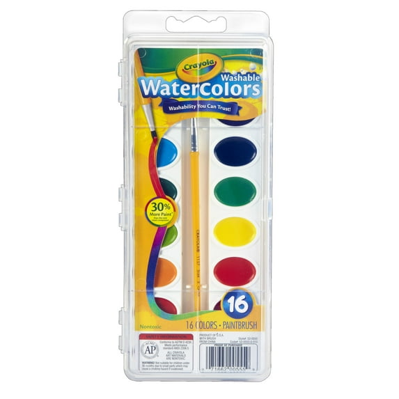 CrayolaÂ® Washable Watercolors, 16 semi-moist oval pans & brush per set, 6 sets