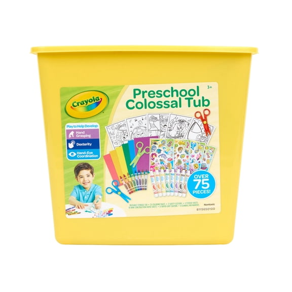 Crayola Young Kids Preschool Colossal Tub, Arts and Crafts Kit, Tipod Markers, Safety Scissors, Creative Toddler Gift, Ages 3, 4, 5, 6