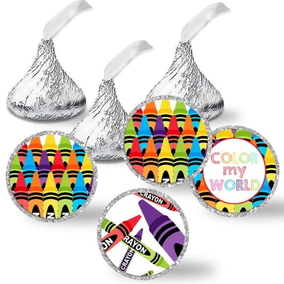 Crayon Chocolate Kiss Stickers 324 Count, 0.75 Inch Round Party Candy Labels, 3 Sheets of Coordinating Designs, Made in USA by Amanda Creation