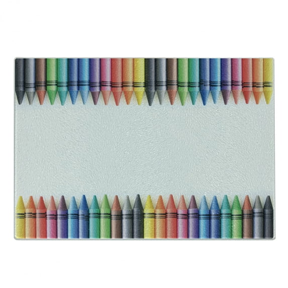 Crayon Cutting Board, Top and Bottom Symmetric Straight Border Children's Painting Crafts Simple Photo, Decorative Tempered Glass Cutting and Serving Board, in 3 Sizes, by Ambesonne