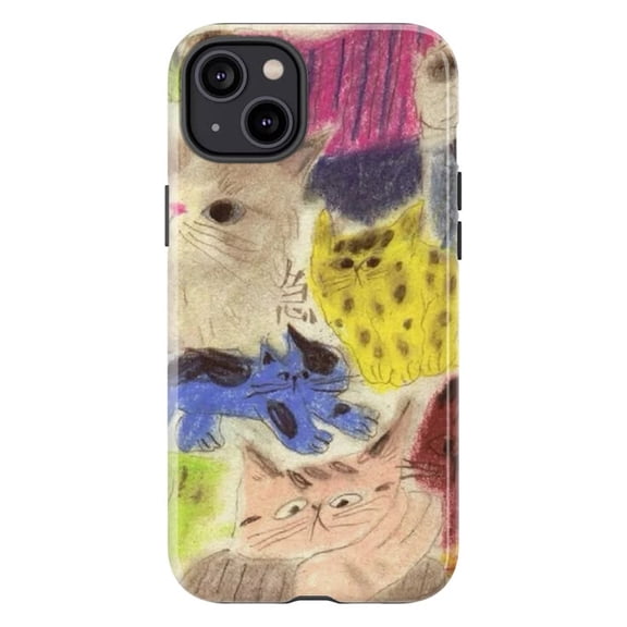 Crayon Drawing Cat Phone Case, Cute Naive Art Colorful Kitten Sketch Cover for iPhone 17 16 15 14 13 12 11 Pro Plus Mini