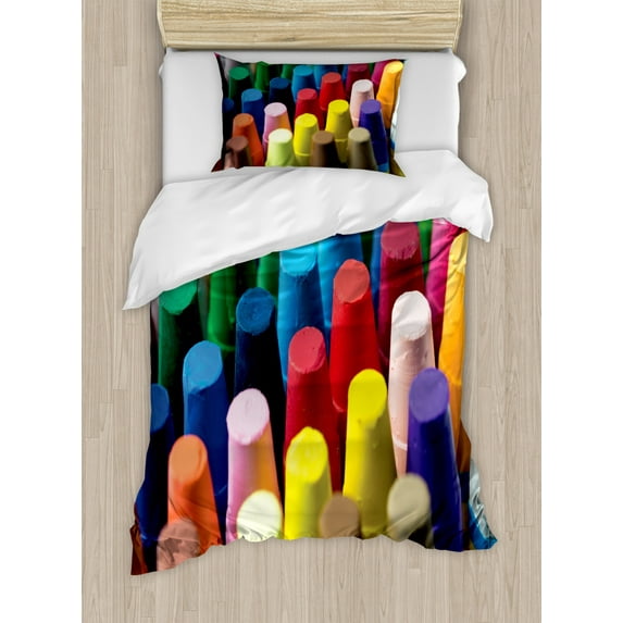 Crayon Duvet Cover Set Twin Size, Focused Shot Macro Photography with Assorted Colorful Painting Elements Art Themed, Decorative 2 Piece Bedding Set with 1 Pillow Sham, Multicolor, by Ambesonne