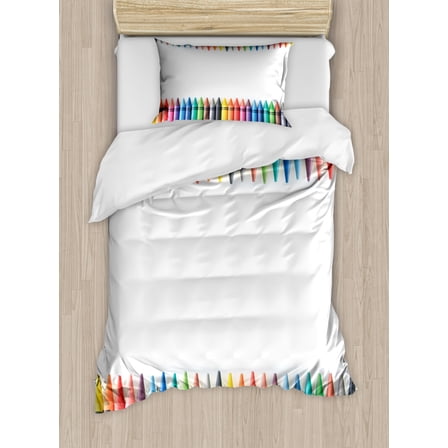 Crayon Duvet Cover Set Twin Size, Top and Bottom Symmetric Straight Border Children's Painting Crafts Simple Photo, Decorative 2 Piece Bedding Set with 1 Pillow Sham, Multicolor, by Ambesonne