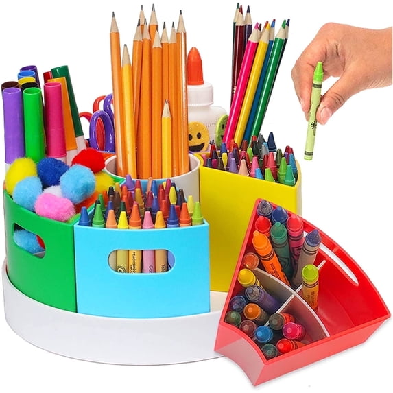 Crayon Organizer for Kids with Removable Dividers - Lazy Susan School Art Supplies Caddy , Markers & Pencils Holder , Rotating Kids Desk Organizer Storage Rainbow Color