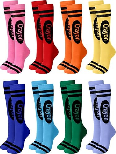 Crayon Print Knee High Socks, Multicolor Striped Novelty Stockings for Halloween School Cosplay Costume Gift, 8 Pairs
