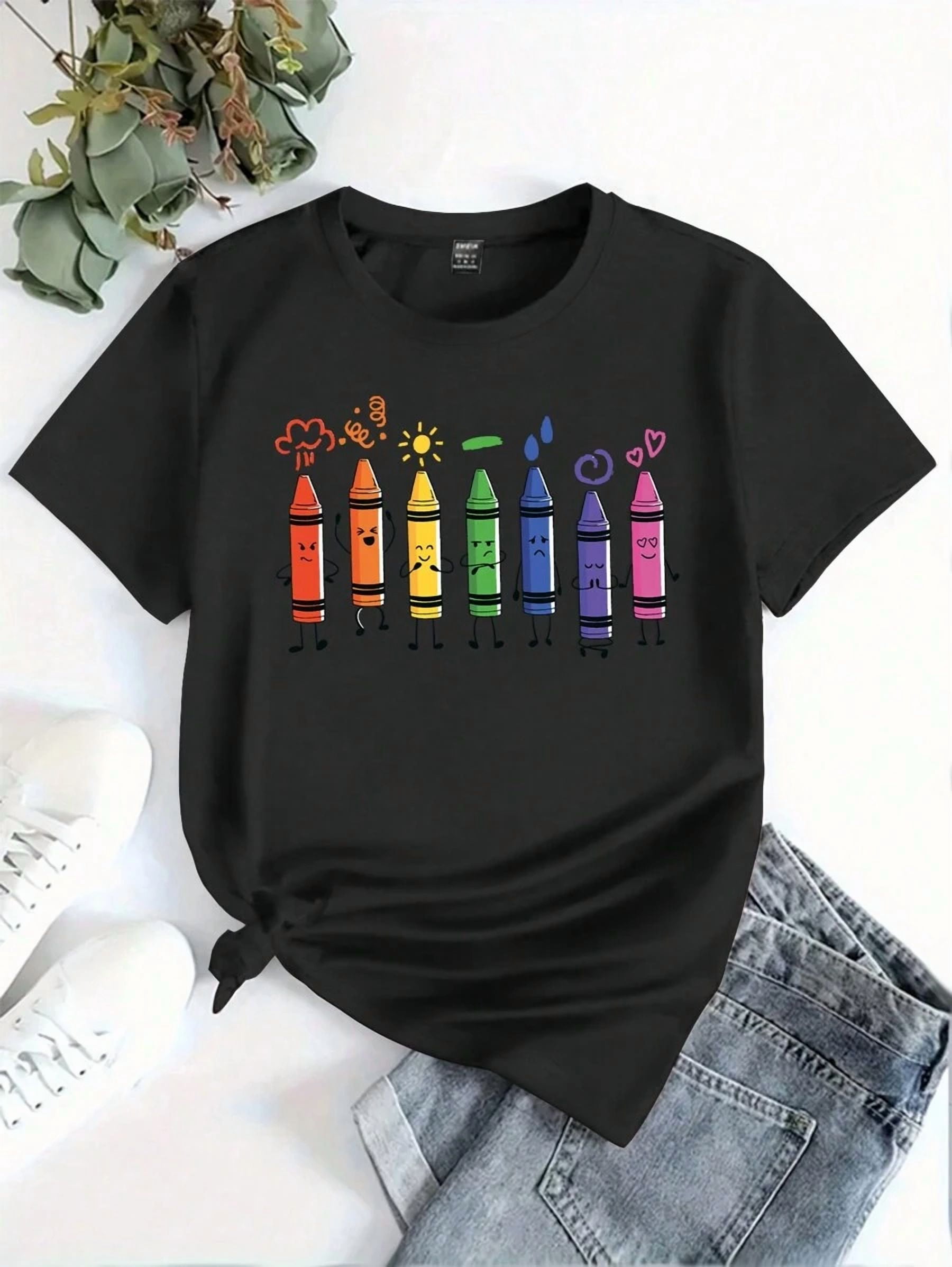 Crayon Print Round Neck Short Sleeve T Shirt Graphic Tees Women Tops Crayon Print Round Neck Short Sleeve T Shirt Graphic Tees Women Tops
