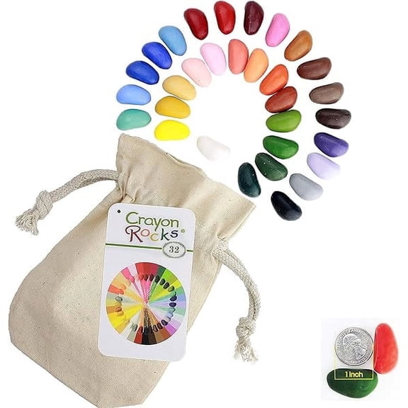 Crayon Rocks 32 Color Natural Soy Wax Crayons in Muslin Bag, Non-Toxic, Tripod Grip, Made in USA