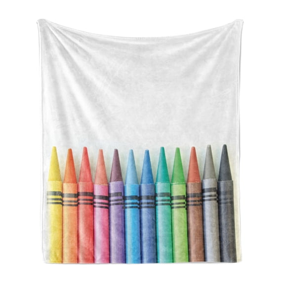 Crayon Soft Flannel Fleece Blanket, Close up Photo of Various Color Painting Crafts in Straight Border Children Themed, Cozy Plush for Indoor and Outdoor Use, 70" x 90", Multicolor, by Ambesonne