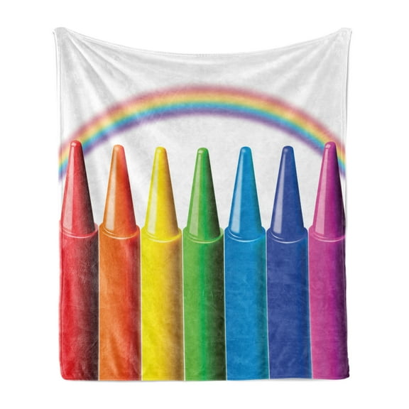 Crayon Soft Flannel Fleece Blanket, Digital Illustration of Colorful Painting Elements and Blurry Rainbow Nursery Themed, Cozy Plush for Indoor and Outdoor Use, 70" x 90", Multicolor, by Ambesonne