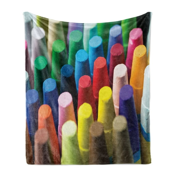 Crayon Soft Flannel Fleece Blanket, Focused Shot Macro Photography with Assorted Colorful Painting Elements Art Themed, Cozy Plush for Indoor and Outdoor Use, 60" x 80", Multicolor, by Ambesonne
