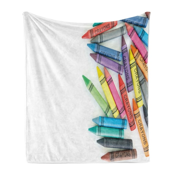 Crayon Soft Flannel Fleece Throw Blanket, Children School Art Class Themed Colorful Painting Crafts Photo on Plain Backdrop, Cozy Plush for Indoor and Outdoor Use, 50" x 70", Multicolor, by Ambesonne