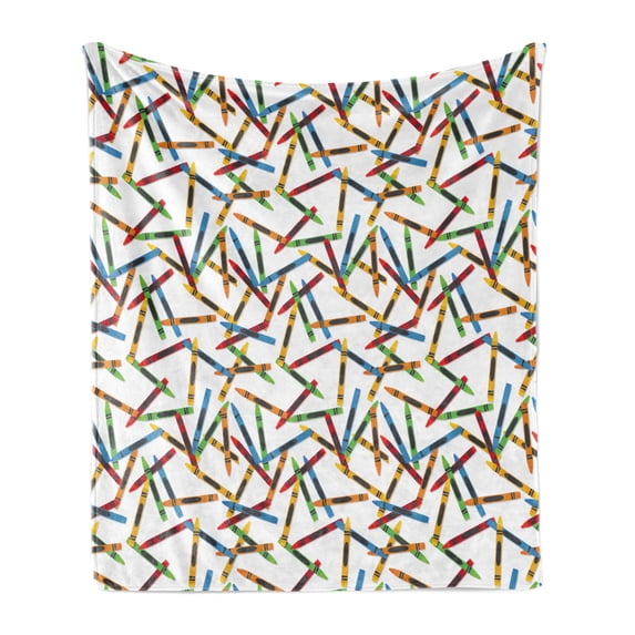Crayon Soft Flannel Fleece Throw Blanket, Continuous Childish Pattern of Cartoon Drawn Painting Crafts on Plain Background, Cozy Plush for Indoor and Outdoor Use, 60" x 80", Multicolor, by Ambesonne