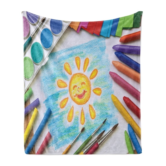 Crayon Soft Flannel Fleece Throw Blanket, Photo of Child's Drawing with Colorful Painting Crafts Happy Sun on Paper Print, Cozy Plush for Indoor and Outdoor Use, 70" x 90", Multicolor, by Ambesonne