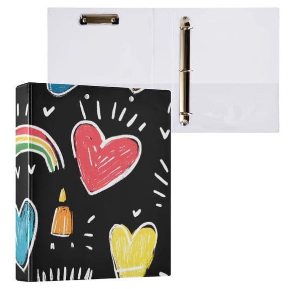 Crayons Rainbows Hearts 3 Ring Binders 1.5 inch Hardcover File Folders with Interior Pockets A4 Size Organizer for School Office Hospital