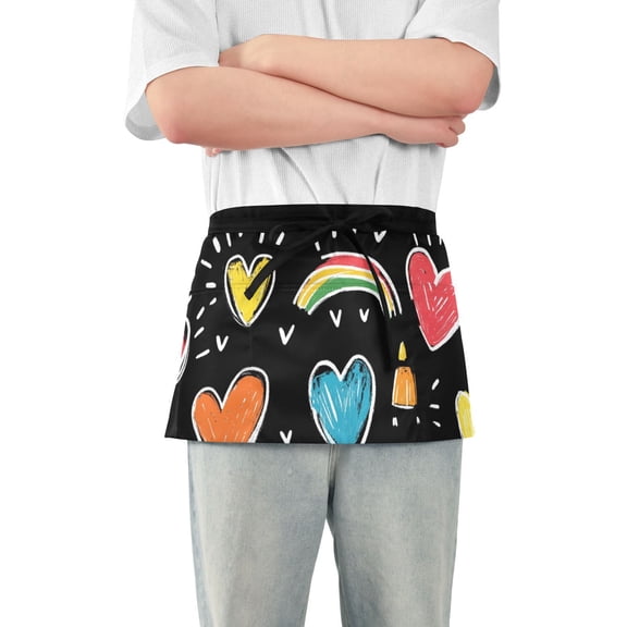 Crayons Rainbows Hearts Waist Apron Adjustable Server Half Apron Kitchen Cooking with 3 Pockets for Men Women