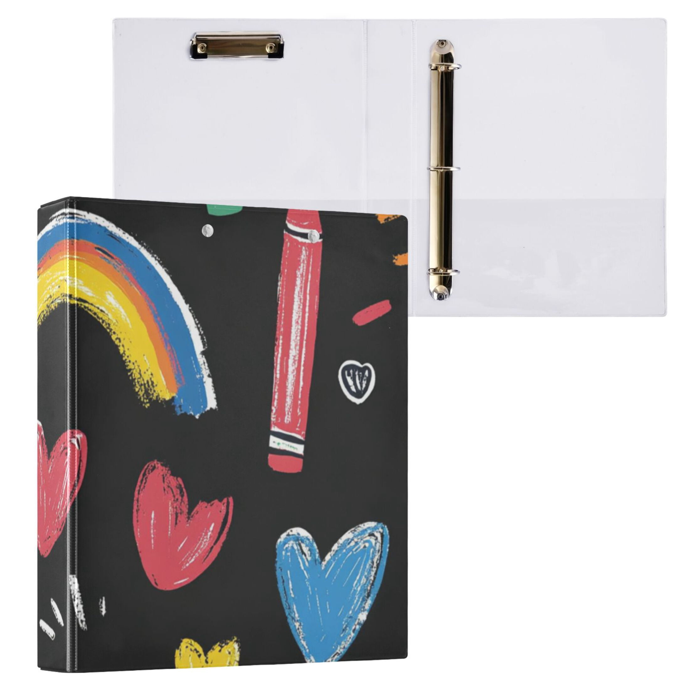 Crayons and Rainbows Hearts 3 Ring Binders 1.5 inch Hardcover File Folders with Interior Pockets A4 Size Organizer for School Office Hospital