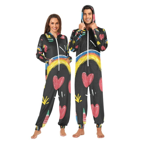 Crayons and Rainbows Hearts Adult Onesie Pajamas Slim Fit Christmas One Piece Suit Pjs for Women and Men Hooded Zipper
