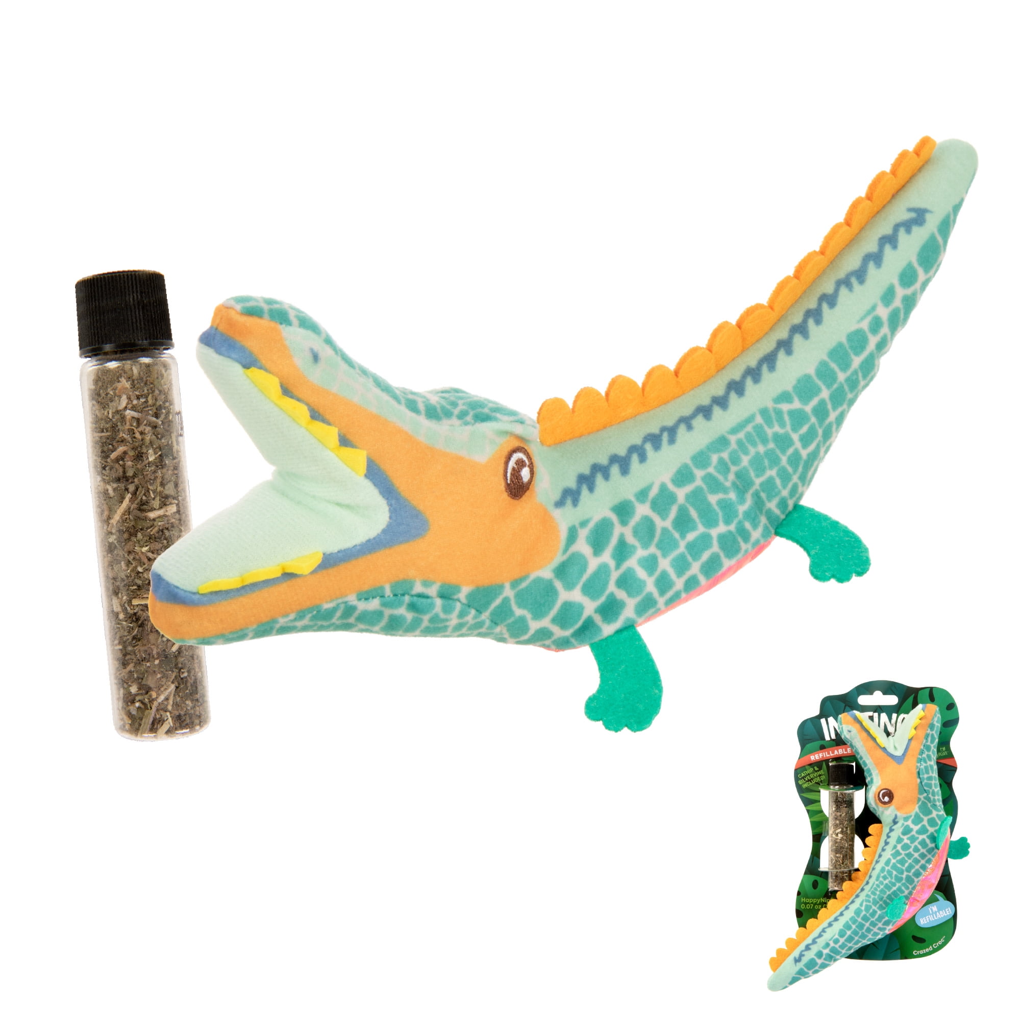 Instincts by SmartyKat Crazed Croc Refillable Crinkle Plush Kicker Cat Toy with 2 g Tube of HappyNip Catnip & Silvervine Blend