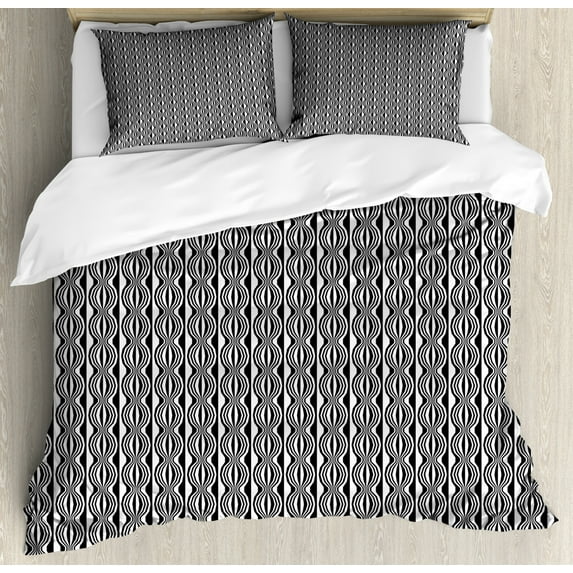Crazy Art Duvet Cover Set Queen Size, Vertically Arranged Bohemian Style Freaky Stripes in Monochrome, Decorative 3 Piece Bedding Set with 2 Pillow Shams, Charcoal Grey and White, by Ambesonne