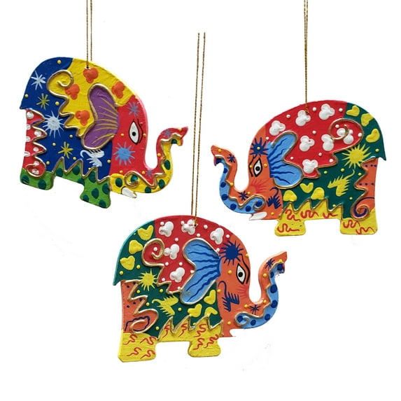 Crazy Art Elephant Bally Hanging Ornament Décor Brightens Any Christmas Tree Holiday Arrangement Technicolor Unique Patterns Hand Painted Design Set of 3