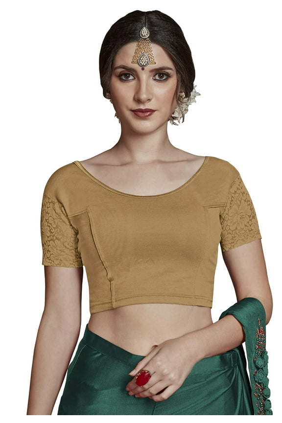 Women's Designer Beige Net Cap Sleeve Stretch Blouse for Saree Crop Top.