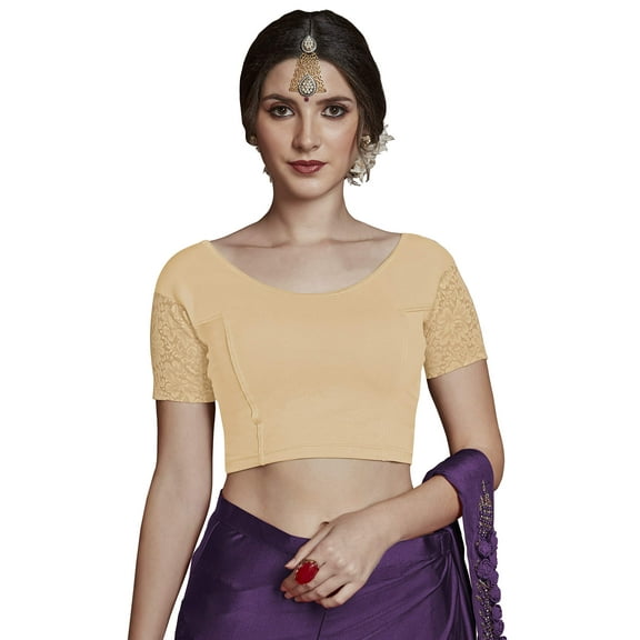 Crazy Bachat Women's Designer Fawn Net Cap Sleeve Stretch Blouse for Saree Crop Top.