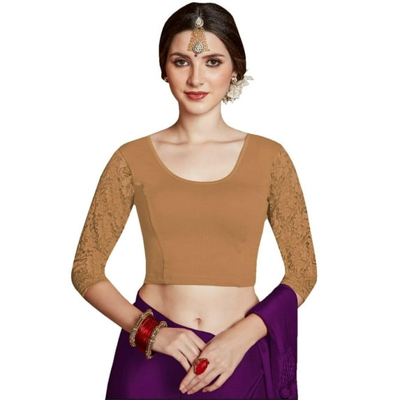 Crazy Bachat Women's Designer Hazelnut(Brownish) 3/4 Net Stretch Blouse for Saree Crop Top.