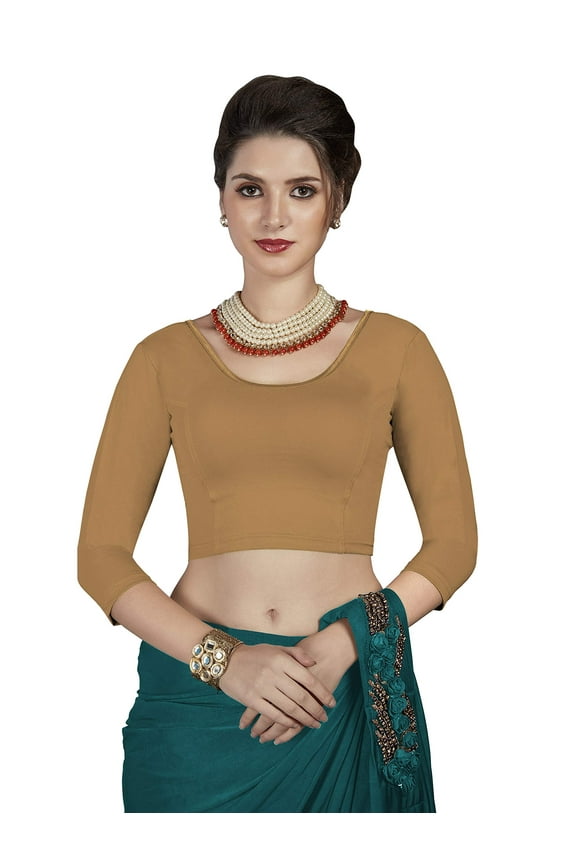 Women's Designer Hazelnut (Brownish) 3/4 Plain Stretch Blouse for Saree Crop Top.