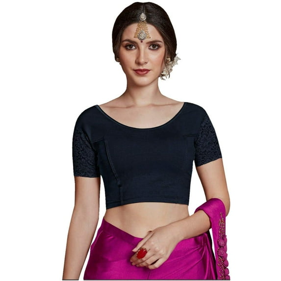 Crazy Bachat Women's Designer Navy Blue Net Cap Sleeve Stretch Blouse for Saree Crop Top.