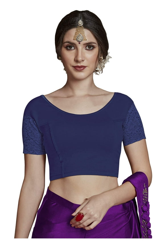 Women's Designer Royal Blue Net Cap Sleeve Stretch Blouse for Saree Crop Top.
