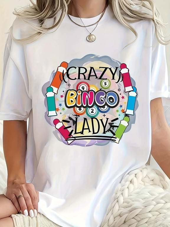 Crazy Bingo Lady Fun Game Night Graphic Tee for Men Women, Cute Bingo Player Short Sleeve T-Shirt, Casual Crew Neck Top for Bingo Lover Gift