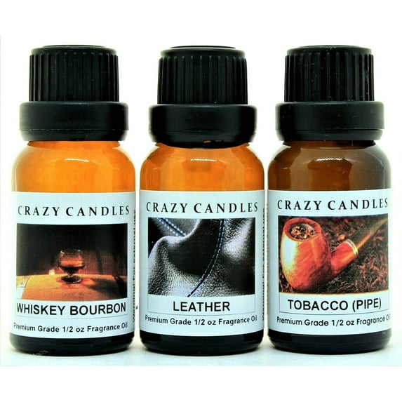 Crazy Candles 3 Bottle Set: Whiskey Bourbon, Leather, Tobacco 1/2 Fl Oz Each (15ml) Premium Grade Scented Fragrance Oil Made in USA