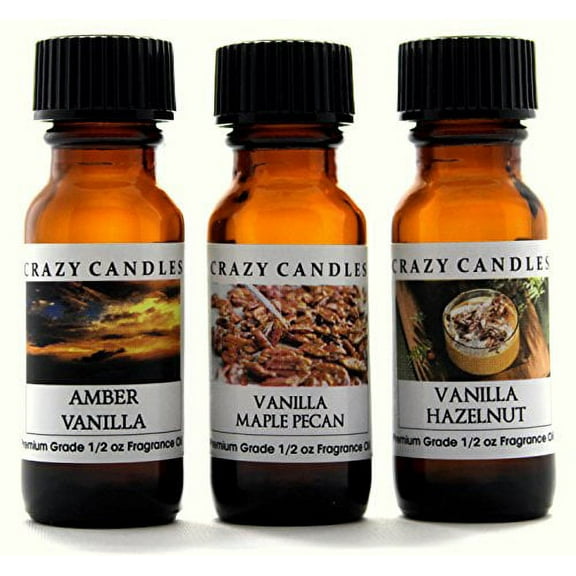 Crazy Candles 3 Bottles Set, 1 Amber Vanilla, 1 Vanilla Maple Pecan, 1 Vanilla Hazelnut 1/2 Fl Oz Each (15ml) Premium Grade Scented Fragrance Oils