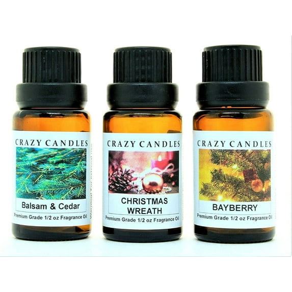Crazy Candles 3 Bottles Set 1 Balsam & Cedar, 1 Christmas Wreath, 1 Bayberry 1/2 Fl Oz Each (15ml) Premium Grade Scented Fragrance Oils